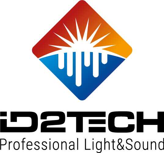 ID2-TECH-logo Logo ID2 TECH avec graphique de soleil et gouttes en dégradé dans un losange, avec le texte 'Professional Light & Sound', reflétant les solutions créatives en intégration audiovisuelle.