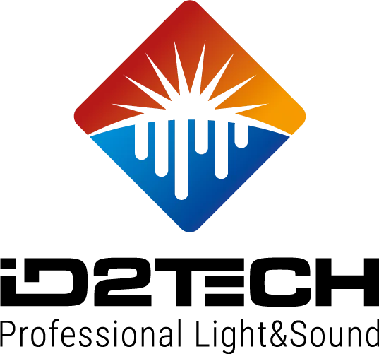 Logo ID2 TECH avec graphique de soleil et gouttes en dégradé dans un losange, avec le texte 'Professional Light & Sound', reflétant les solutions créatives en intégration audiovisuelle.