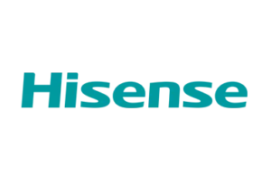 HISENSE Logo de Hisense, simple et direct, avec le nom de la marque en rouge sur un fond blanc.