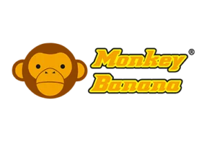 Monkey-Banana Logo coloré de Monkey Banana, incluant une illustration d'une tête de singe et le nom de la marque en jaune sur un fond marron.