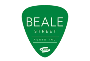 beale Logo de Beale Street Audio Inc. représentant un plectre vert avec le texte "Beale Street Audio Inc." encerclé d'un S stylisé.