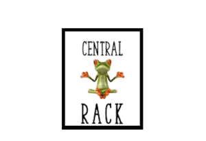 central rack Logo Central Rack avec une image de grenouille, entourée de texte dans un design industriel.